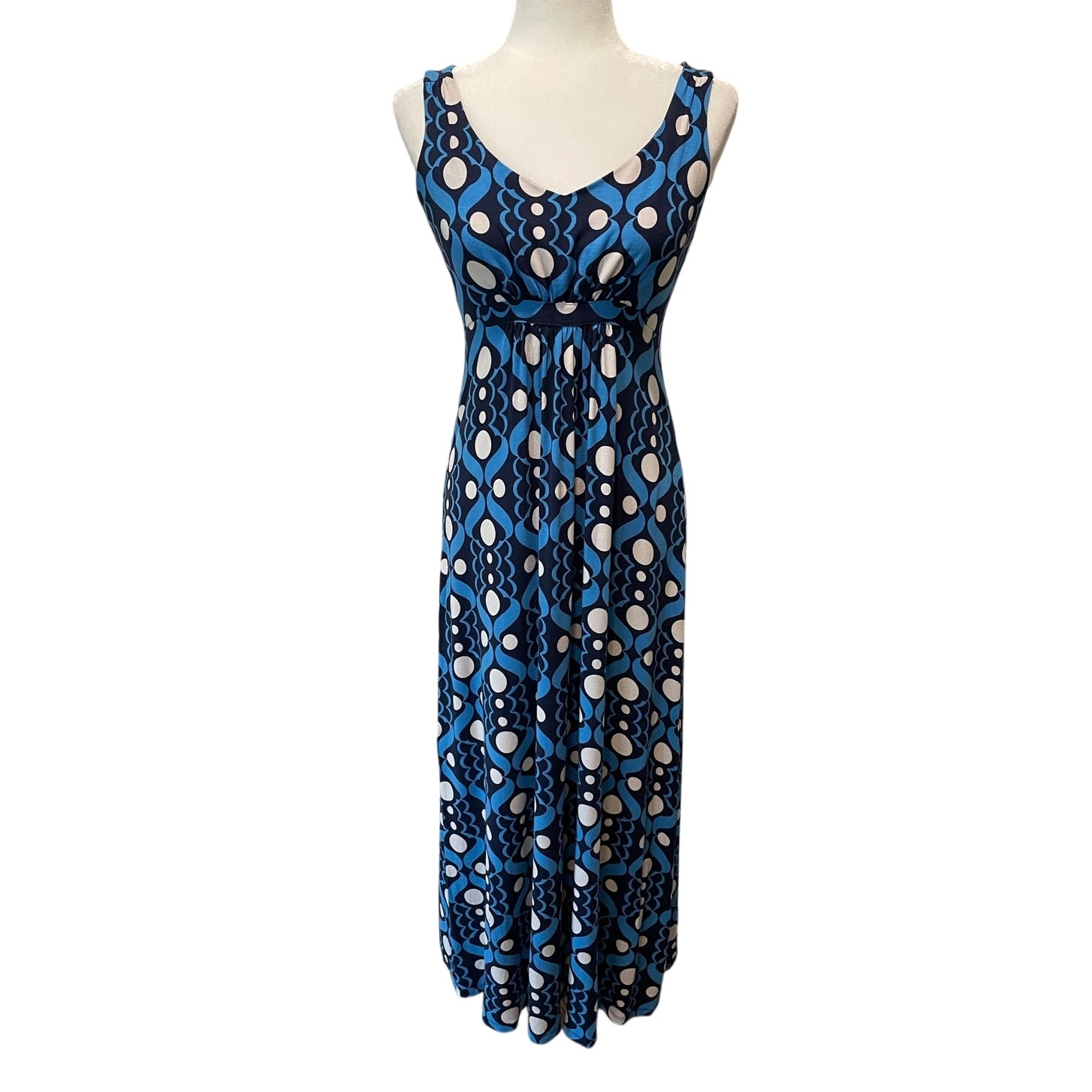 Boden Maxi Empire Waist Dress Sz 6p Sleeveless Geometric Blue Coastal Resort